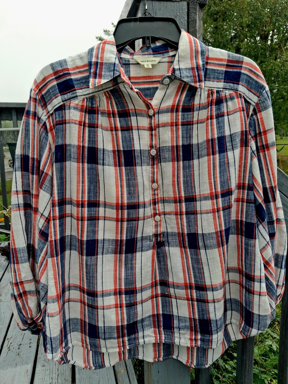 Max Studio Navy, Red & White Plaid Button-Down Shirt
